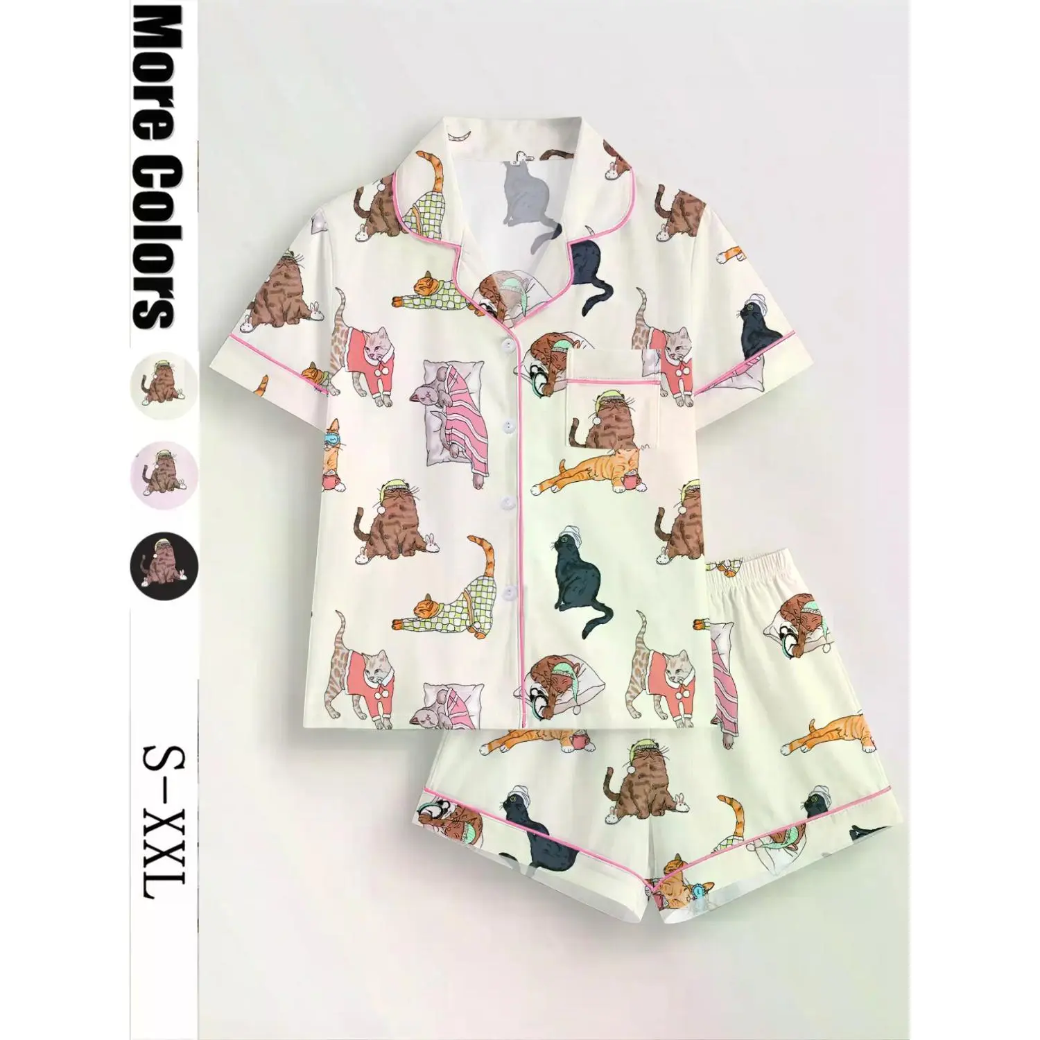 Women's Cat Print Pajama Set - Short Sleeve Button-Up Top & Elastic Waist Shorts, Cozy Home Loungewear, All-Season Comfortable Sleepwear, Casual Pajama Outfit