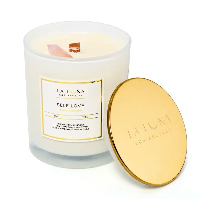 LA LUNA LOS ANGELES ROSE ESSENTIAL OIL INFUSED COCONUT WAX BLEND CANDLE WITH ROSE QUARTZ CRYSTALS FOR SELF LOVE HAND POURED IN CALIFORNIA I 10oz I 320ml
