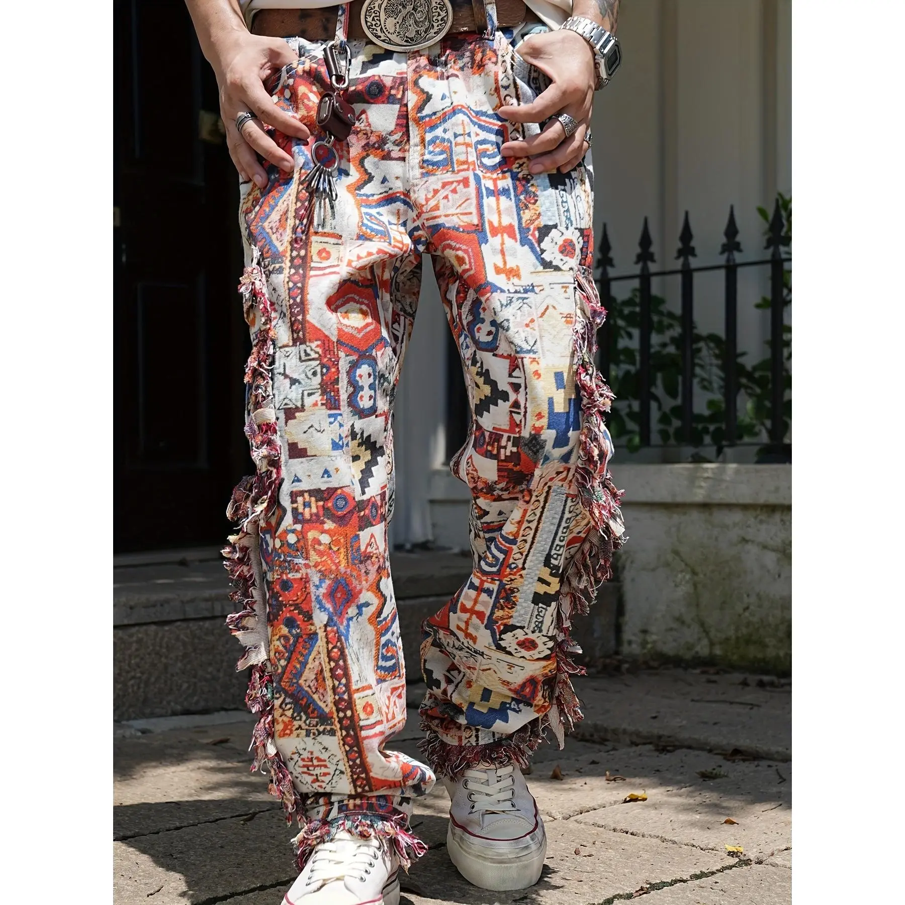 Men's Streetwear Butterfly Print Straight Leg Jeans, Casual Comfy All Season Denim Pants with Fringed Details, Menswear, Casual Comfy Jeans, Jeans Pants
