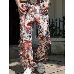 1 pair of men's jeans casual jeans fringed street style butterfly print denim straight pants fringed details