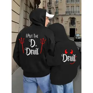 Couples Matching Cotton Hoodies Tops - Men's & Women's Menswear "I Put the DIN Devil" Graphic Zip-Up Sweatshirts, Black with Red Lettering, Drawstring Hood, Side Pockets, Casual Streetwear for Halloween & Everyday, Spring/Fall Sports Outerwear