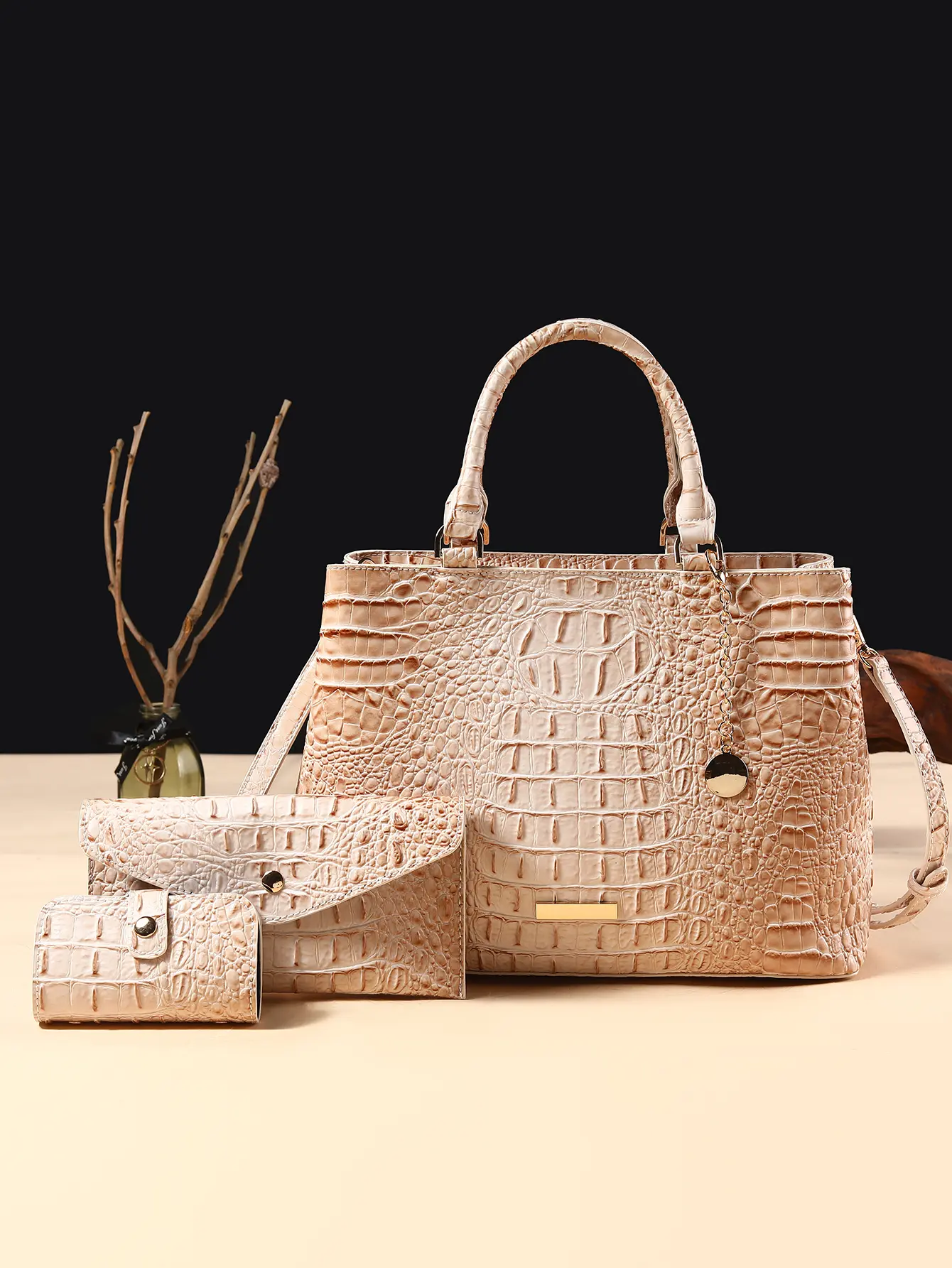 Chic Crocodile Print Handbag Set for Women, 3-Piece PU Leather Satchel with Zipper, Clutch, and Purse for Daily Use, Practical