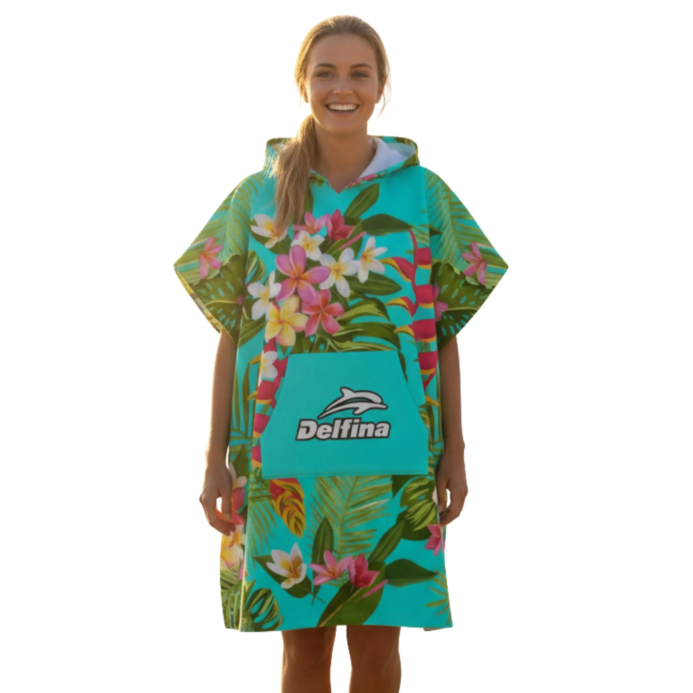 Delfina Athletics Bold Tropics Hooded Poncho Towel - Premium Quick-Dry Fabric, Oversized Fit with Hood, Built-In Pouch Pocket, Lightweight & Packable, Vibrant Colors