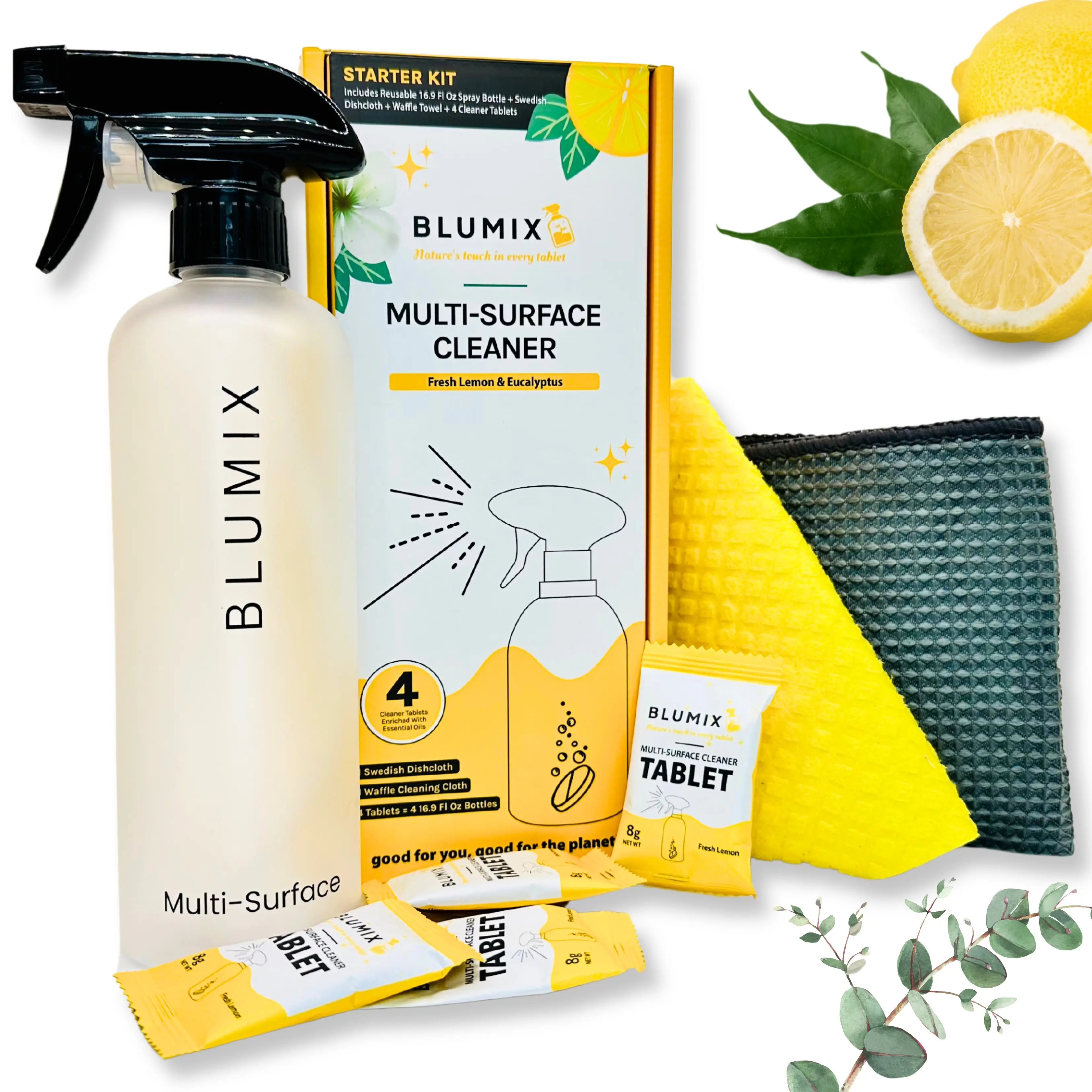 Blumix Multi-Surface Cleaning Starter Kit: Includes 4 Cleaner Tablets, 16.9 oz Spray Bottle, Swedish Dishcloth, and Waffle Weave Cloth; Innovative