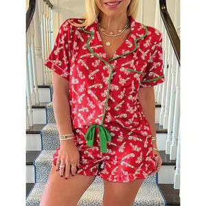 2 pieces of ladies' Christmas cane candy printed short sleeved shorts sleepwear set with buttons, collars, bows, suitable for comfortable and casual home wear in all seasons Pajama Set