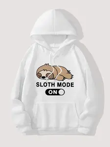 Women's Cartoon Sloth Print Drop Shoulder Hoodie, Fashion Casual Letter Print Kangaroo Pocket Hooded Sweatshirt for Daily Holiday Outdoor Wear, Women Clothing for Fall & Winter