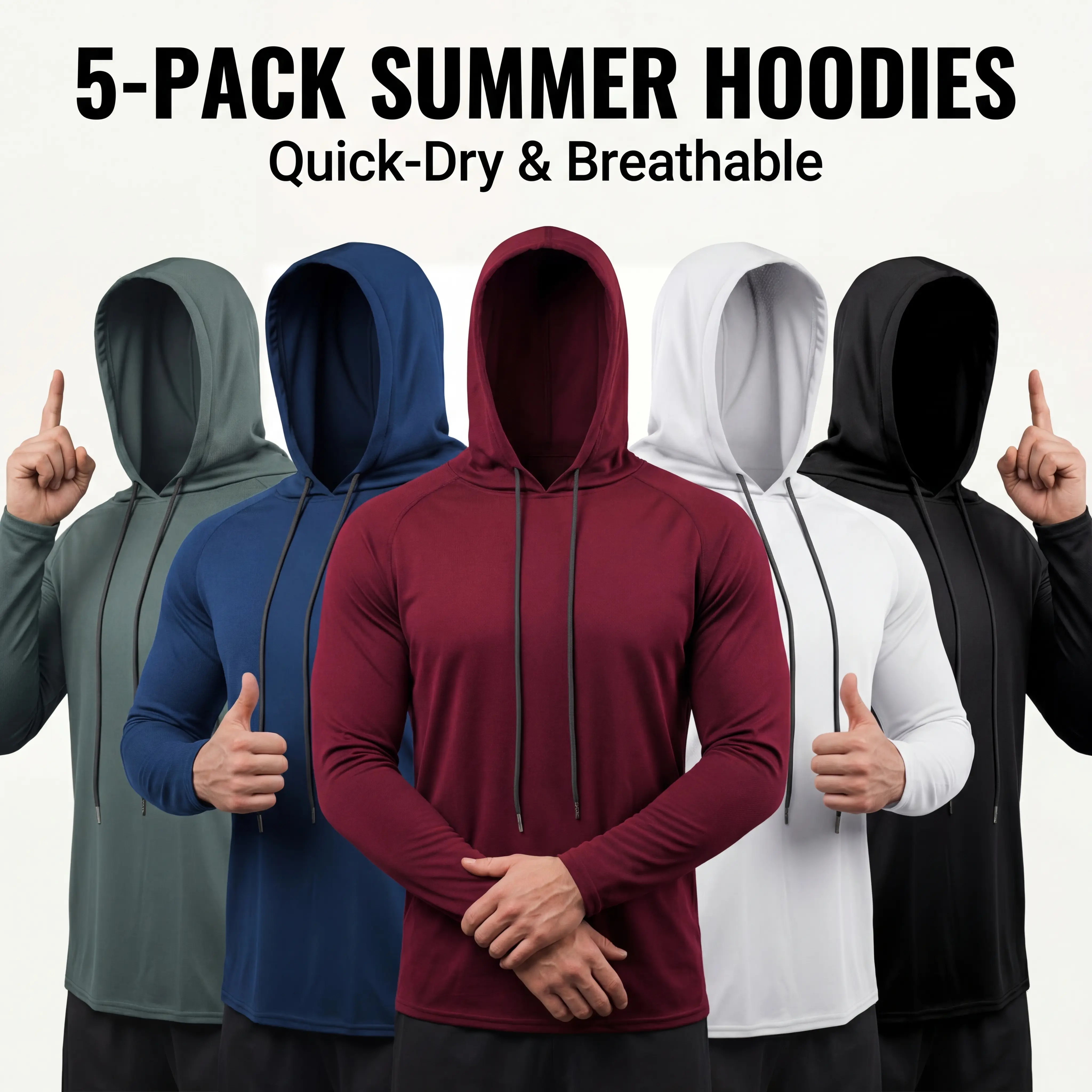 【5 Packs】Men's Tight Fit Polyester Fabric 4-Way Stretch All Seasons Sunproof Long Sleeve Hooded Workwear - Solid Color UV Protection Fishing Shirts with Face Mask, Athletic Sports Apparel