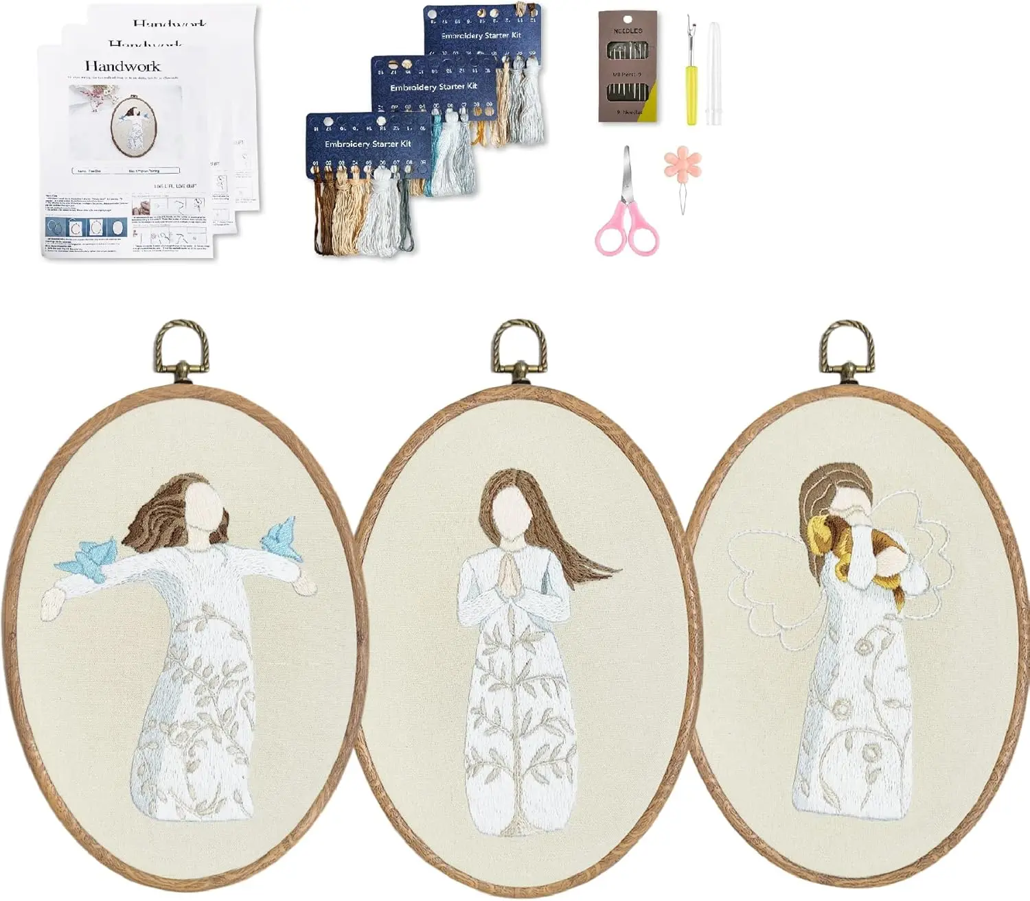 3 Sets Embroidery Kit for Beginners Adults, Christmas Cross Stitch Kits, DIY Punch Needel Kit with Stamped Angel Patterns and Full Tool
