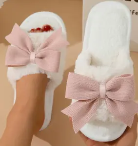 Cute bow-adorned plush cotton slippers