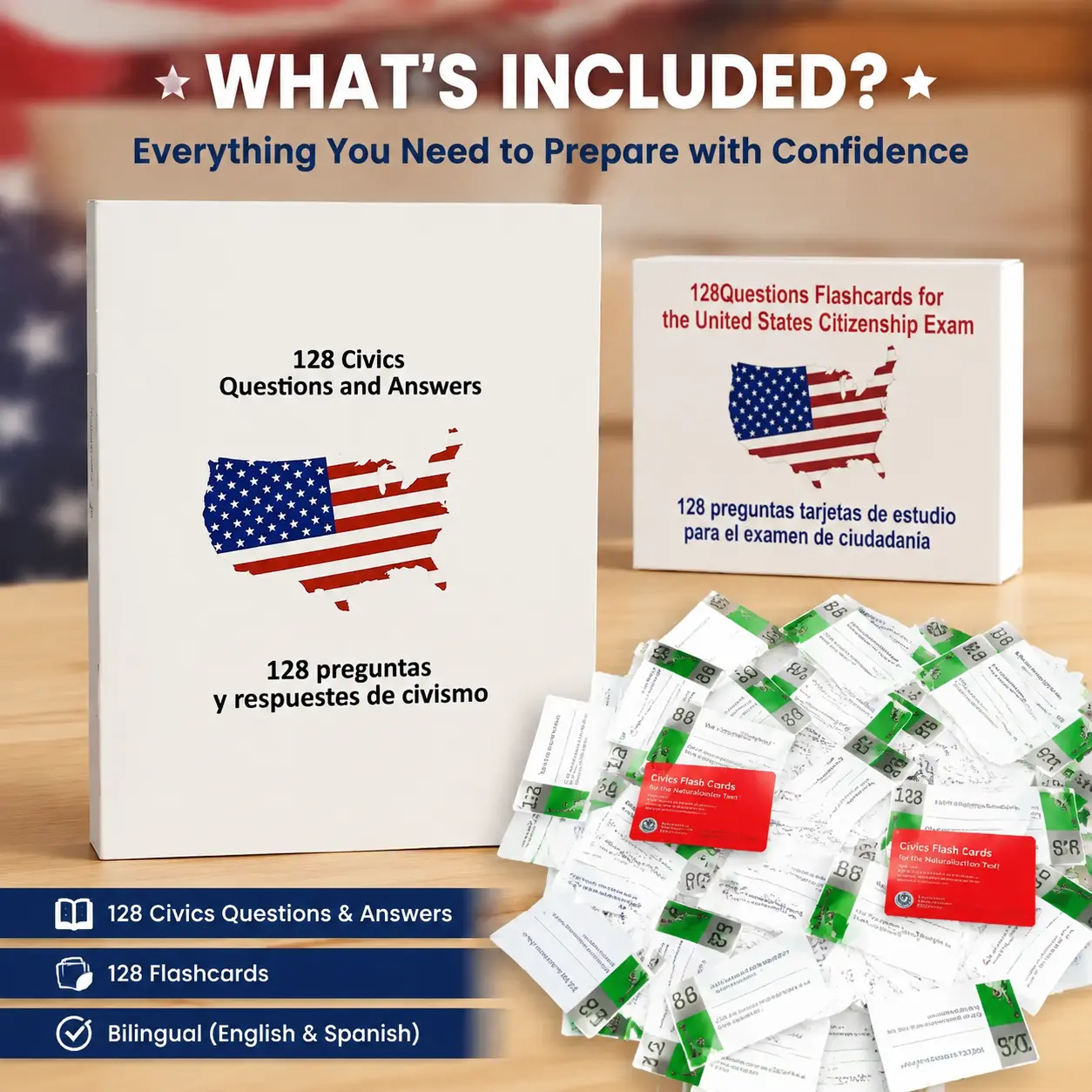 US Citizenship Learning Flashcards Set - 128 USCIS Civics Questions & Answers, Portable English Naturalization Test Prep, Colored Hard-Paper Cards, Bilingual Instruction Cards, Vocabulary Study Aid