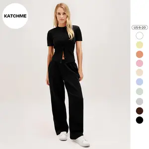 KatchMe Women's Casual Solid Color Button-Up Short Sleeve Slim Top & Wide Leg Trousers Co-ord, Minimalist Comfy Two Piece Outfits, Basic Womenswear(US)