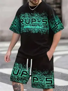 Men's summer crew neck T-shirt and shorts set with adjustable drawstring waist, printed design, street style, casual, everyday wear, fashionable and versatile