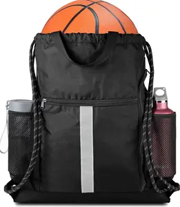 Unisex Large Drawstring Gym Backpack - Shoe Compartment, 2 Water Bottle Holders, Front Zipper Pocket, Reflective Strips for Sports, Travel