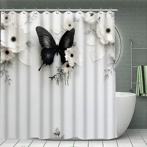 1pc/3pcs/4pcs - Fashion Butterfly Print Shower Curtain Set, Bathroom Mat 3pcs + Curtains 1pc, Home Decor, Bathroom Decoration Accessories, Easy to Clean, Polyester Material