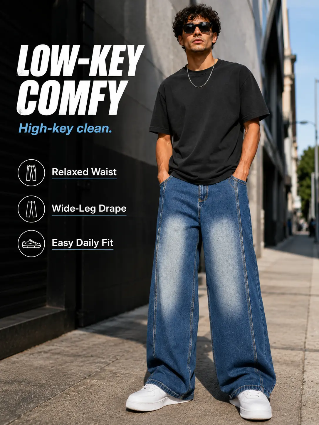 Men's Oversized Wide-Leg Baggy Banana Jeans - Washed Blue Viscose Denim Pants, Elastic Back Waist, Vibe Streetwear Skater Bottoms (Women's Option Available)