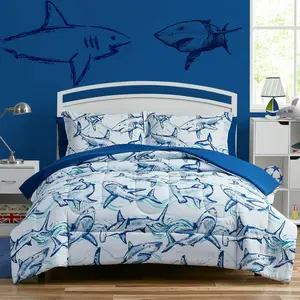 Blue Shark Attack Full Bedding Set, Machine Wash, 7 Pieces, comes complete with a comforter, a fitted sheet, a flat sheet, two pillowcases, and two shams