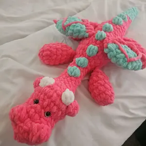 Handmade Crochet Snuggle Dragon Plushie | Chunky Velvet Amigurumi Dragon, Pastel Pink & Mint Aesthetic Toy, Cute Room Decor Cozy Gift