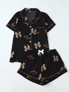 Leopard Print Bow Pajama Set, Casual Short Sleeve Shirt with Elastic Waist Pants, Women's All-Season Comfortable Sleepwear Loungewear
