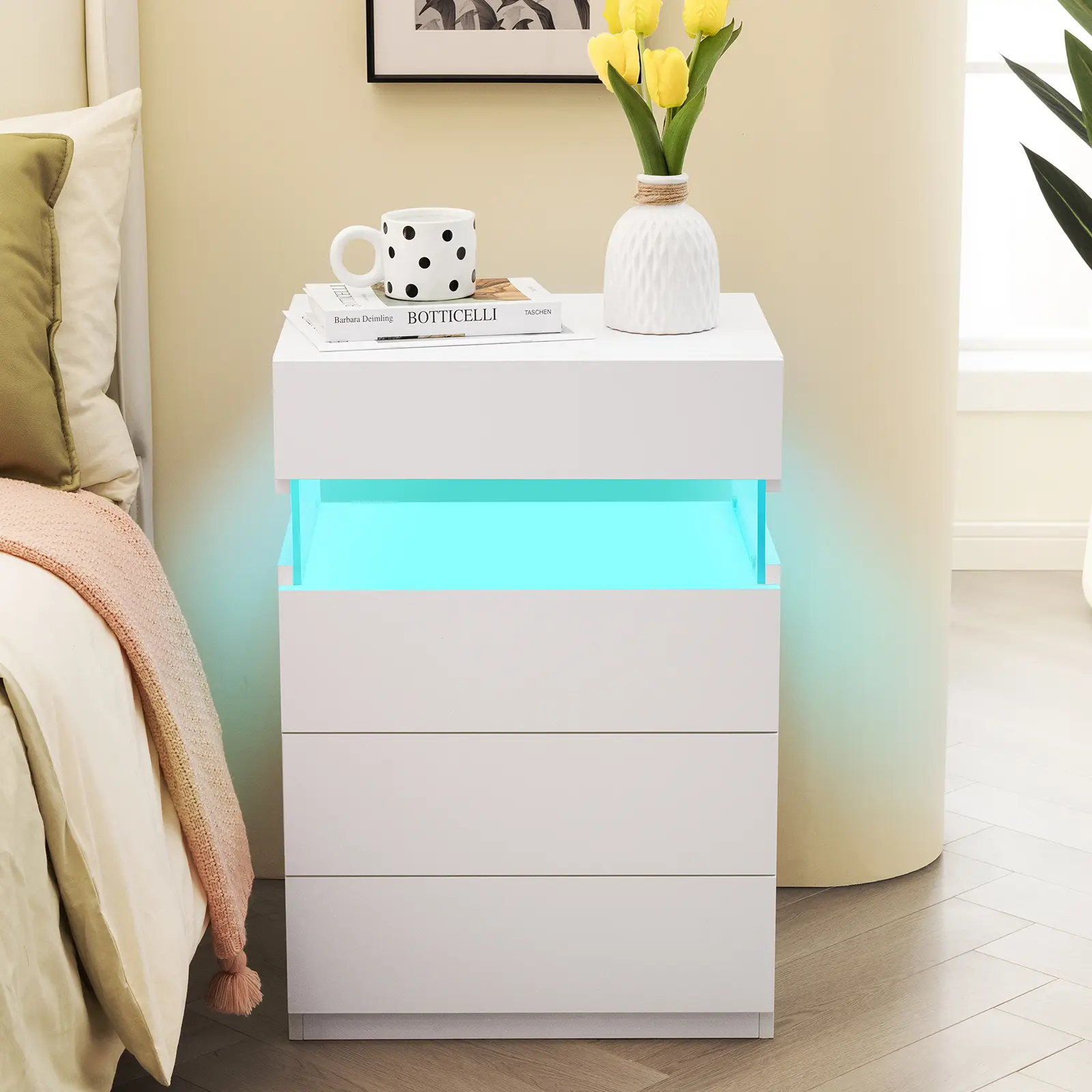i-aplus Nightstand LED with Drawers Wide Night Stand with 4 Drawers Modern Nightstand for Bedroom Bedside Table