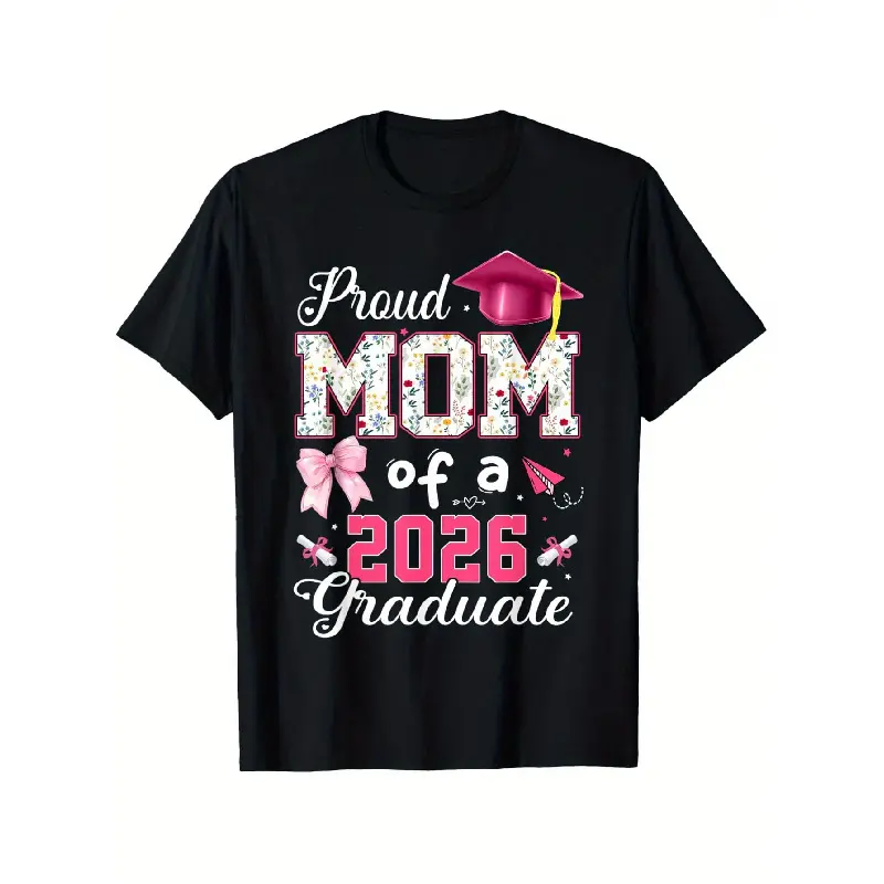 2026 Graduate Proud Mom Unisex T-Shirt - Black with Pink & White Graduation Cap & Diploma Design, Casual Round Neck Shortsleeve, Fitted Regular Fit, Machine Washable, Perfect Graduation Gift for 2026 Grads & Family