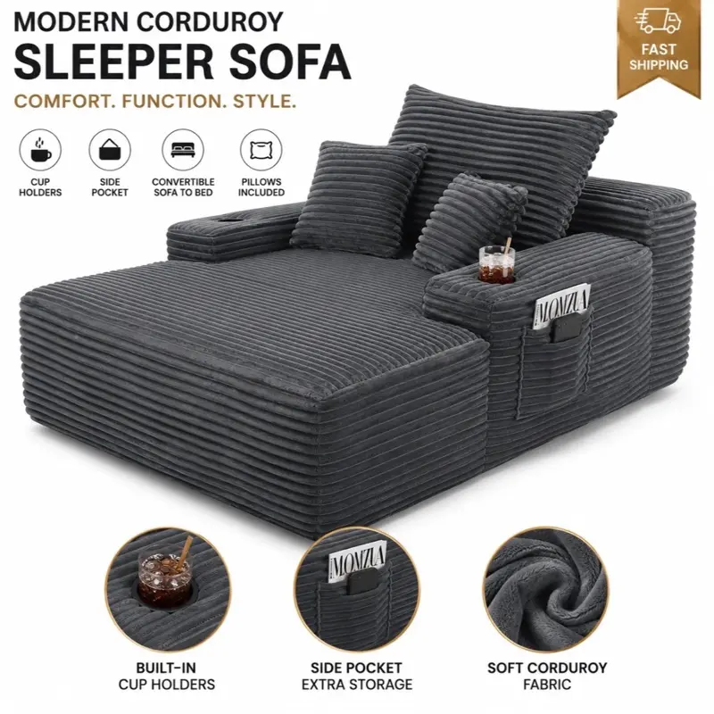 Oversized Convertible Chaise Lounge Sofa Bed Corduroy Floor Couch Deep Seat Read