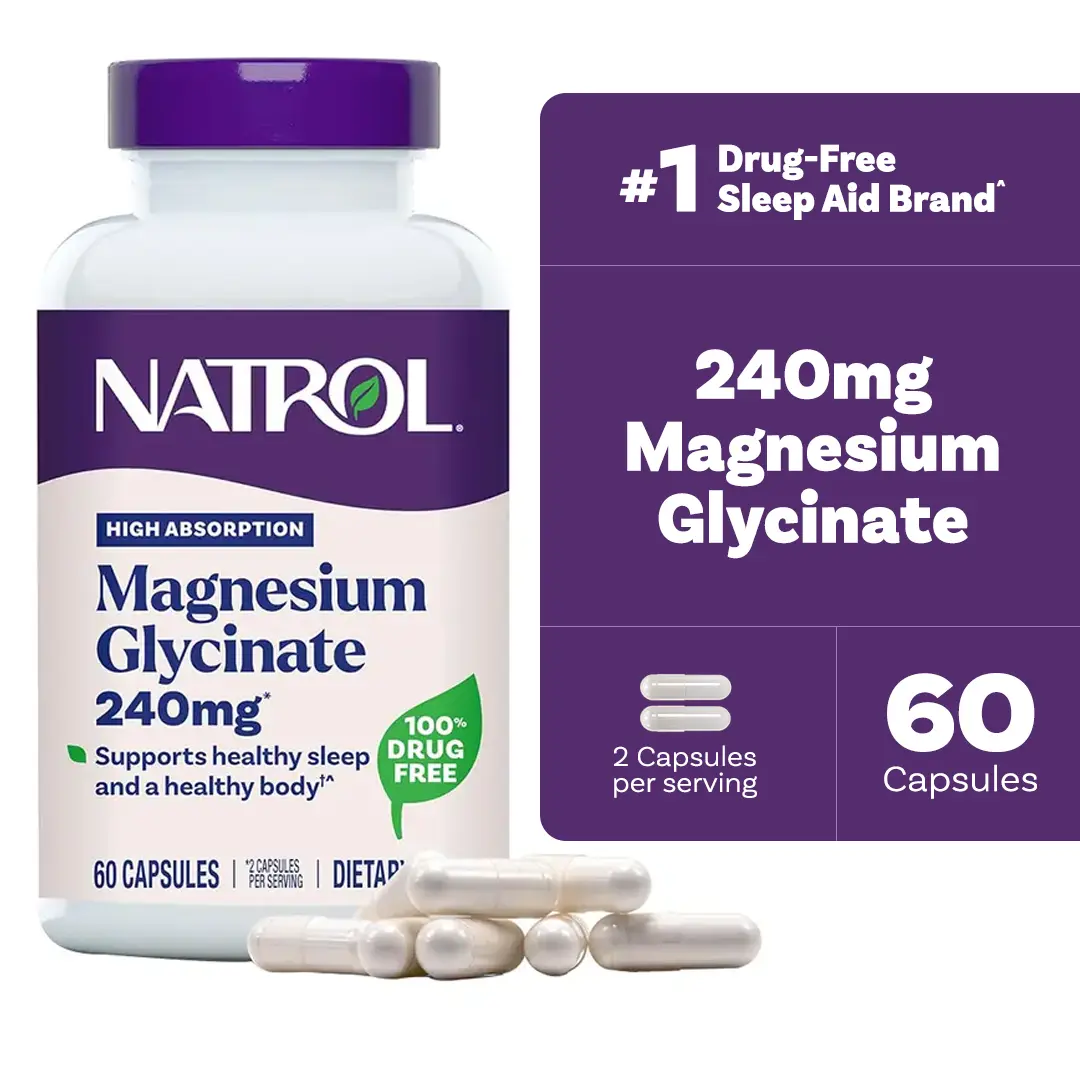 Natrol Magnesium Glycinate Dietary Supplement - 240mg High-Absorption, High-Bioavail Mineral, Dairy-Free, Drug-Free Self Care Product for Youth Healthy Sleep Support, Muscle Health & Metabolism - 60 Capsules, 30-Day Supply