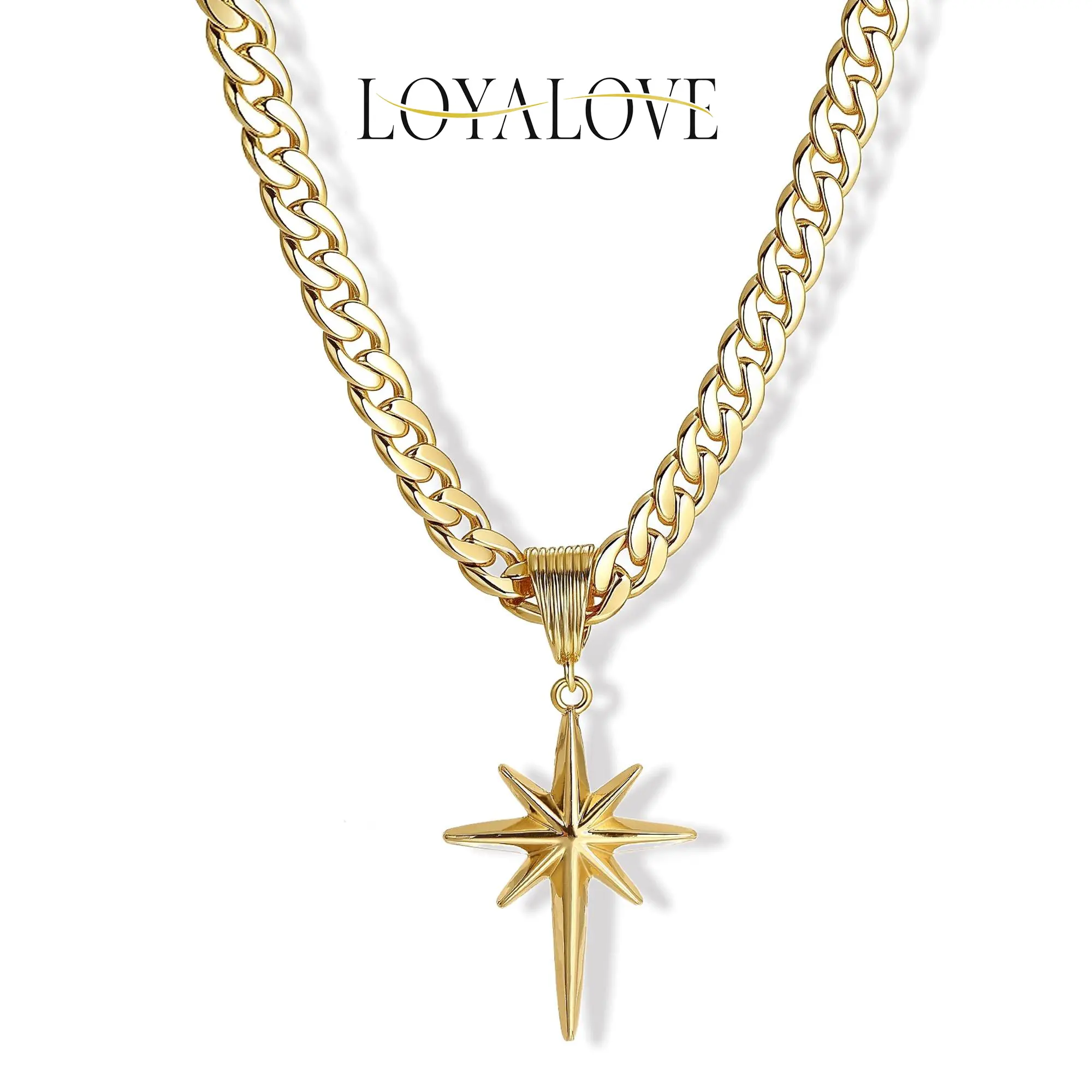 Loyalove 14K Gold Plated 8mm Women's Flat Cuban Eight-Pointed Star Pendant Birthday Gifts Anniversary Gifts Jewelry for Women Girls Mother's Day Gift