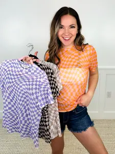 Hold Onto That Feeling Sheer Mesh Short Sleeve Checkered Avery Mae Top - 4 colors!