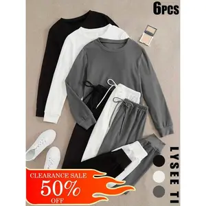 Casual Women's Sports Top Solid Color Round Neck Long Sleeved and Solid Color Long Pants Bottom Athleisure Wear Set(Sheet)
