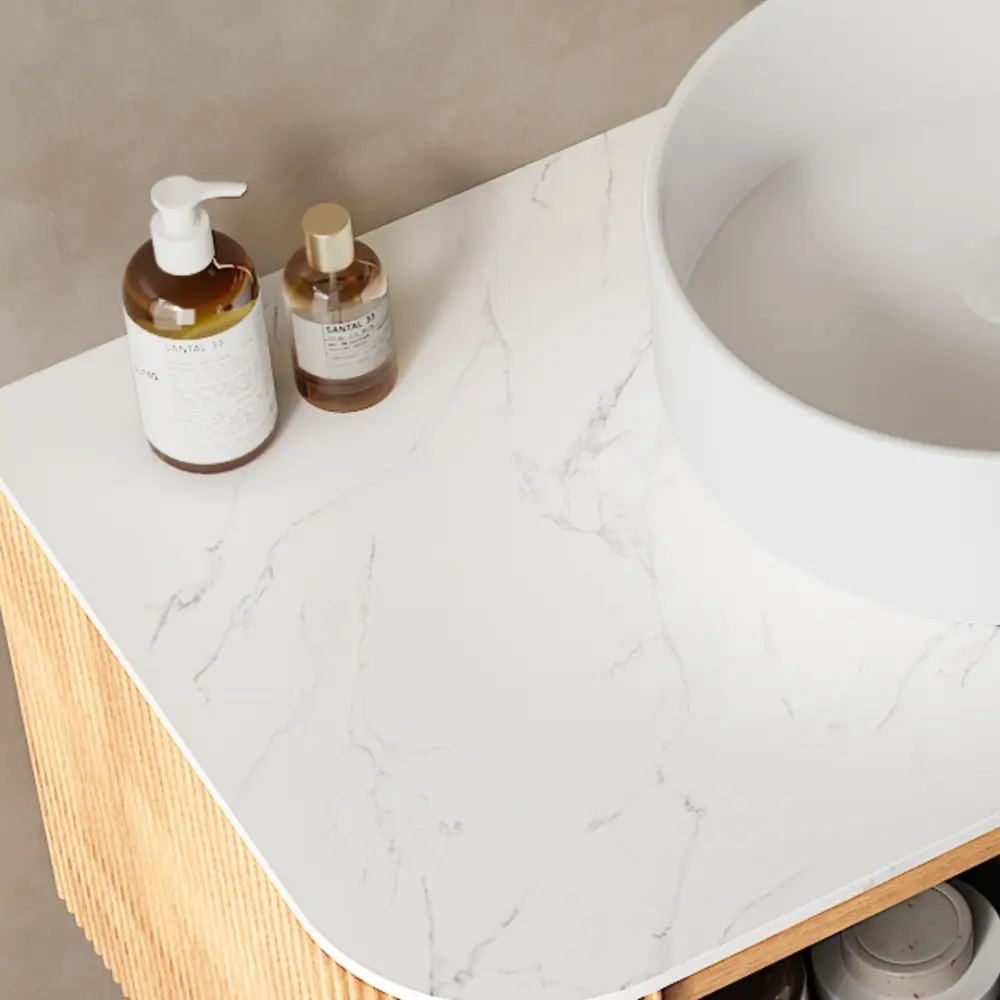 Dina 60 In Water Resistant Curved Edge Artificial Stone Bathroom Countertop - Carrara White Sintered Surface, No Cabinet, No Basin, No Faucet, No Sink Cover