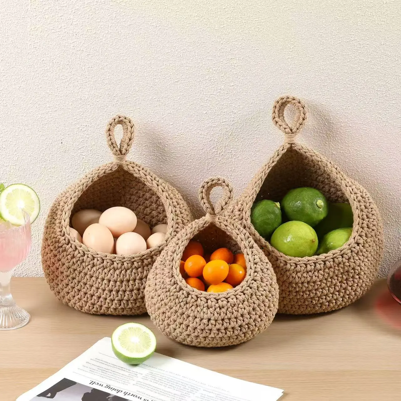Hanging Storage Baskets Boho Decor Set of 3, Handmade Cotton Rope Wall-Mounted Fruit & Vegetable Baskets, Decorative Hanging Organizers for Kitchen, Entryway, Bathroom & Bedroom