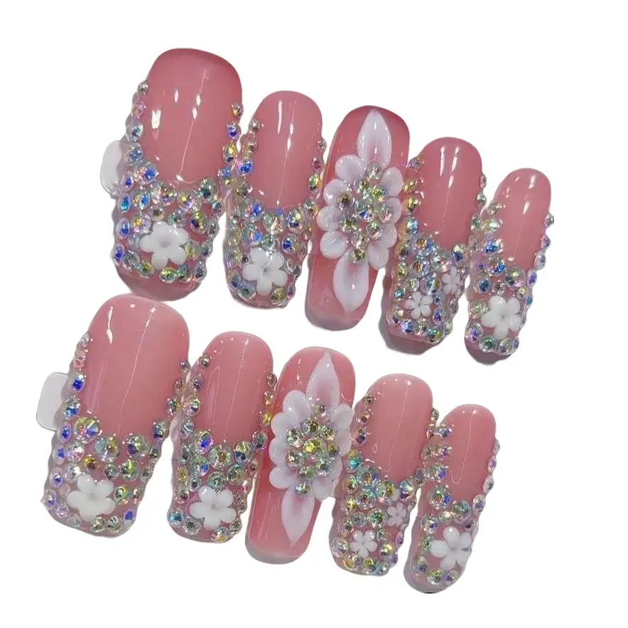 NAILROSY 10Pcs Handmade Reusable Acrylic Press On Nails, Long Square Stylish Acrylic Nails with Rhinestones, Diamonds, 3D Heart, Floral Designs, Y2K Cute, Party Ready, Tools & Design Sheet Included for Women