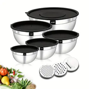 Mixing Bowl with Lid Set, 5 Piece 304 Stainless Steel Mixing Nesting Bowls for Salad Storage, 3 Grater Attachments & Non-Slip Bottoms, Size 1/1.5/2 / 2.6/4.6 QT, Black