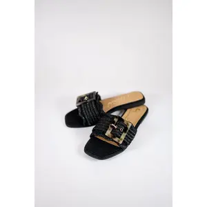 Black Tortoise Buckle Raffia Sandals