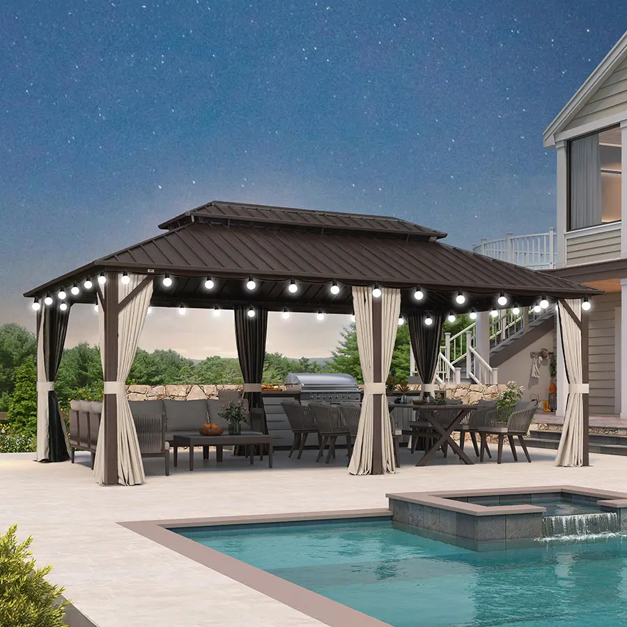 PURPLE LEAF Square Outdoor Hardtop Gazebo - Bronze Aluminum Frame, Galvanized Steel Double Roof, Weatherproof Patio Canopy with Milky LED Lights, Outdoor Shade Canopy for Grills & Backyard Oasis, Requires Assembly