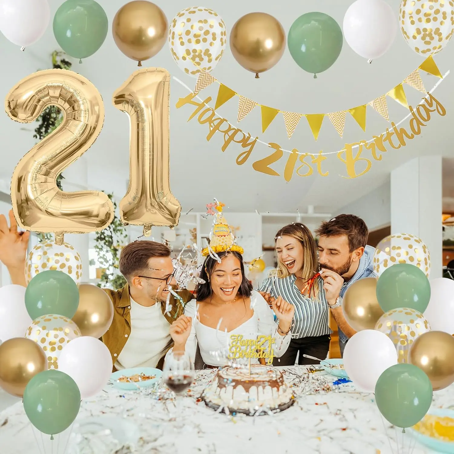 21st Birthday Decorations for Him Her, Happy Banner With Cake Topper Number 21 Foil Balloon, Sage Green White Gold Balloons for Men Women 21 Year Old Party Decoration - Home Improvement.