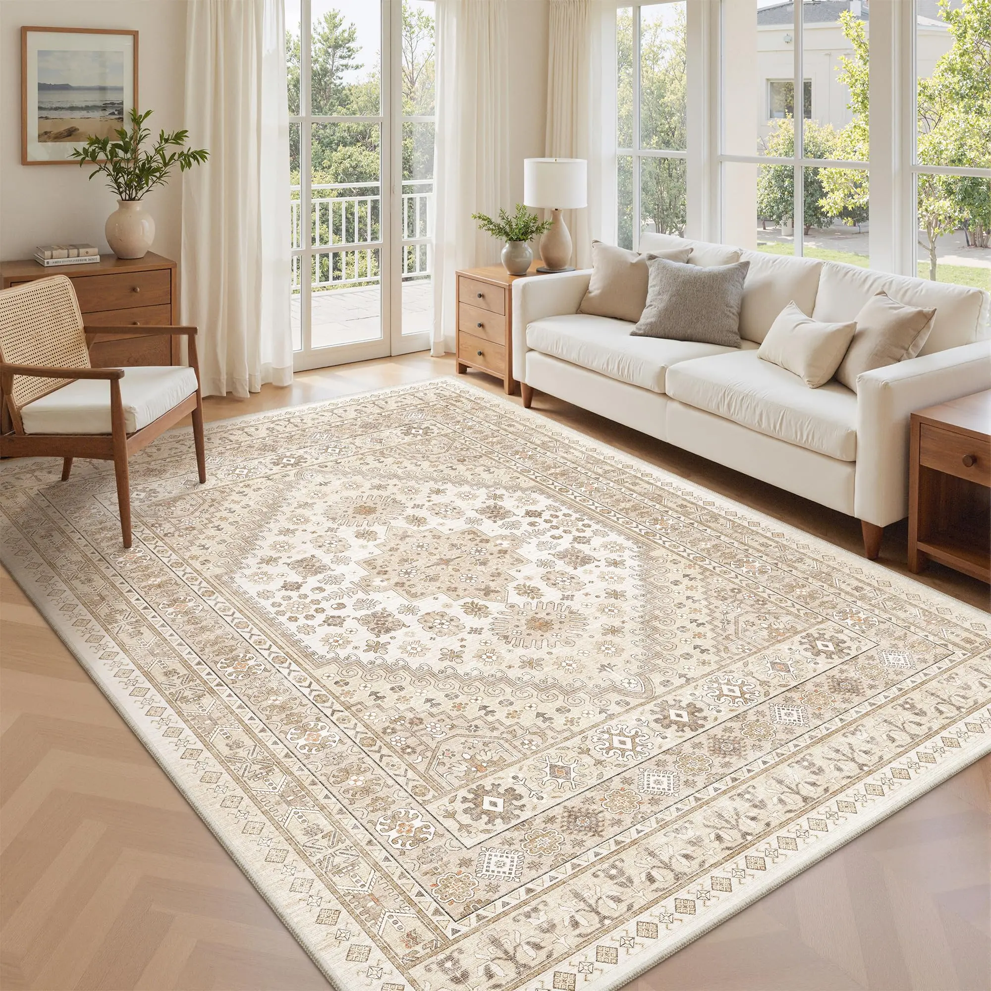 ComiComi Vintage Bohemian Beige Area Rugs,Soft&Cozy High-Density Low Pile, Non-Slip, Waterproof Machine Washable Rugs for Living Room, Bedroom, Kitchen, Modern Home Decor, Decorative Area Rug(Various Sizes) Kids&Pets Friendly,