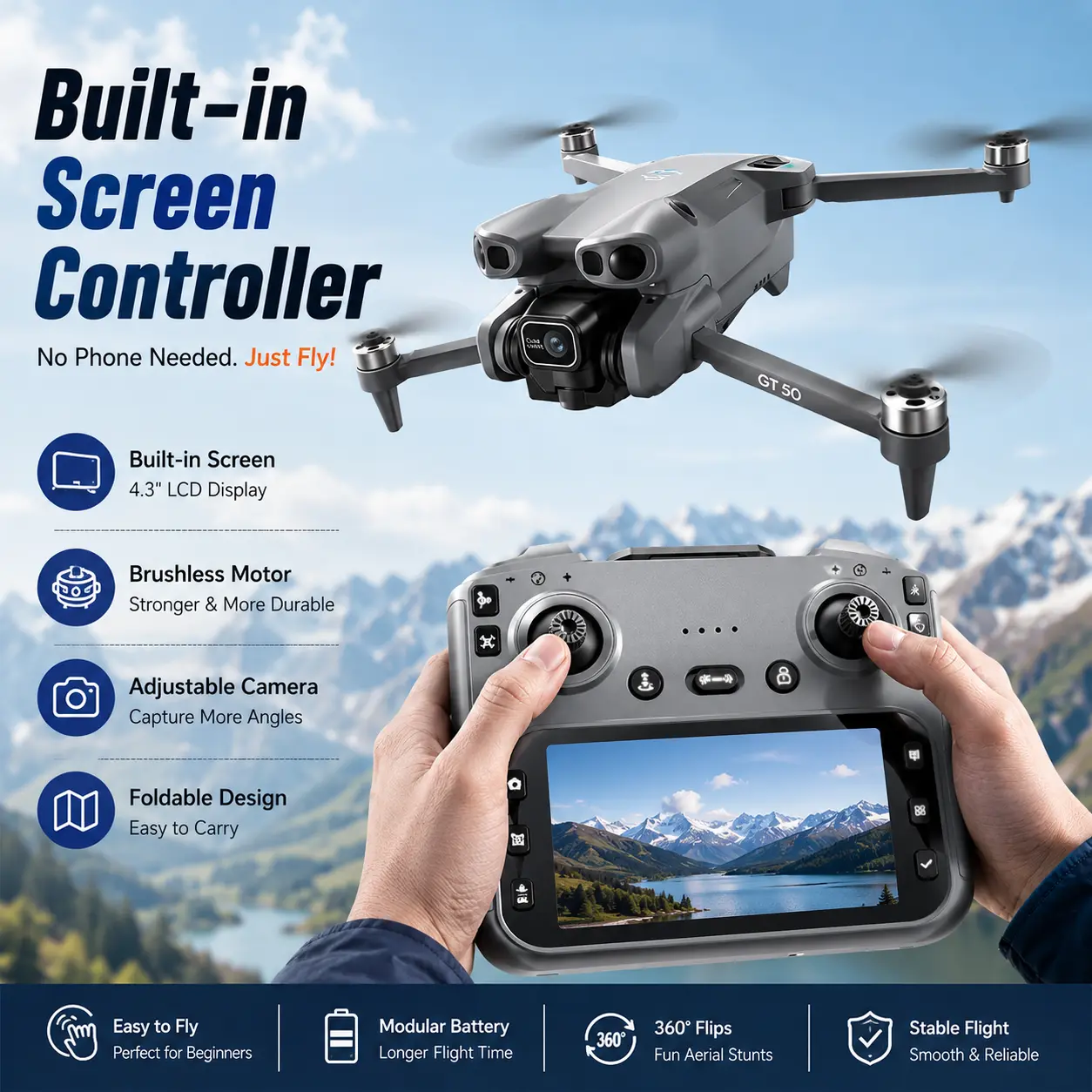 GT50 Brushless Drone Tools and Gadgets with Screen Remote Controller, Adjustable Camera, Optical Flow Positioning