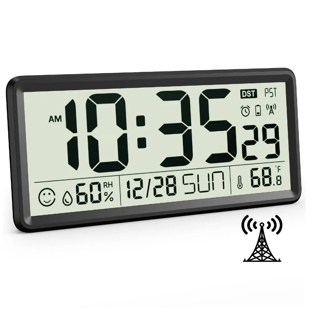[Easy to Setup] 15 Inch Large Digital Atomic Wall Clock Battery Operated, Auto DST, Indoor Temperature and Humidity, Large Display, for Living Room/Office (Battery Not Included,No Backlight,Only for DST Areas)