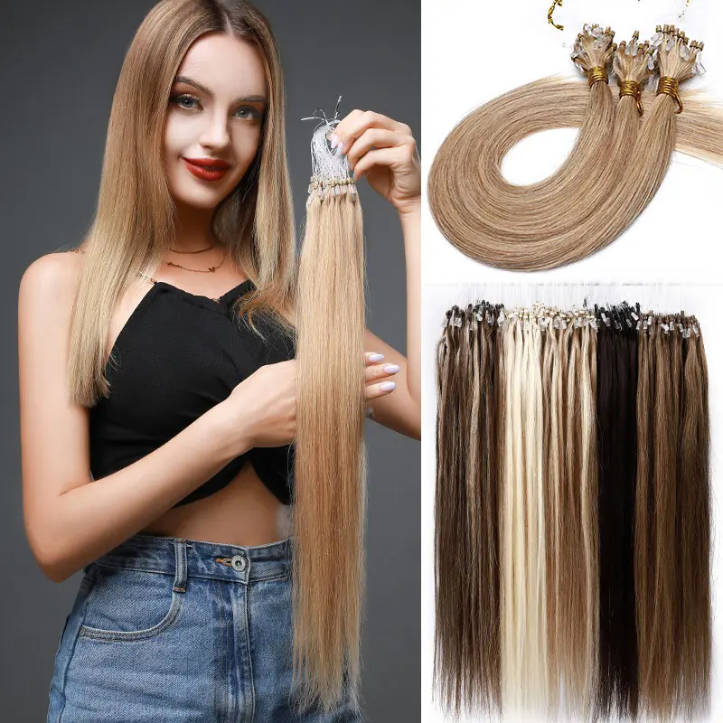 MY-LADY 100strands/Pack Micro Loop Human Hair Extensions 100% Remy Human Hair Micro Ring Extensions for Women, Human Hair Hairpieces, Real Human Hair