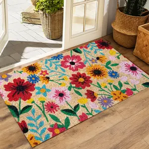 Spring Floral Doormat Welcome Mat with Colorful Wildflowers Non-Slip Entrance Rug Indoor Outdoor Floor Mat Spring Porch Decor Low Profile Durable Washable Decorative Gift for Home Entrance Entryway Carpet
