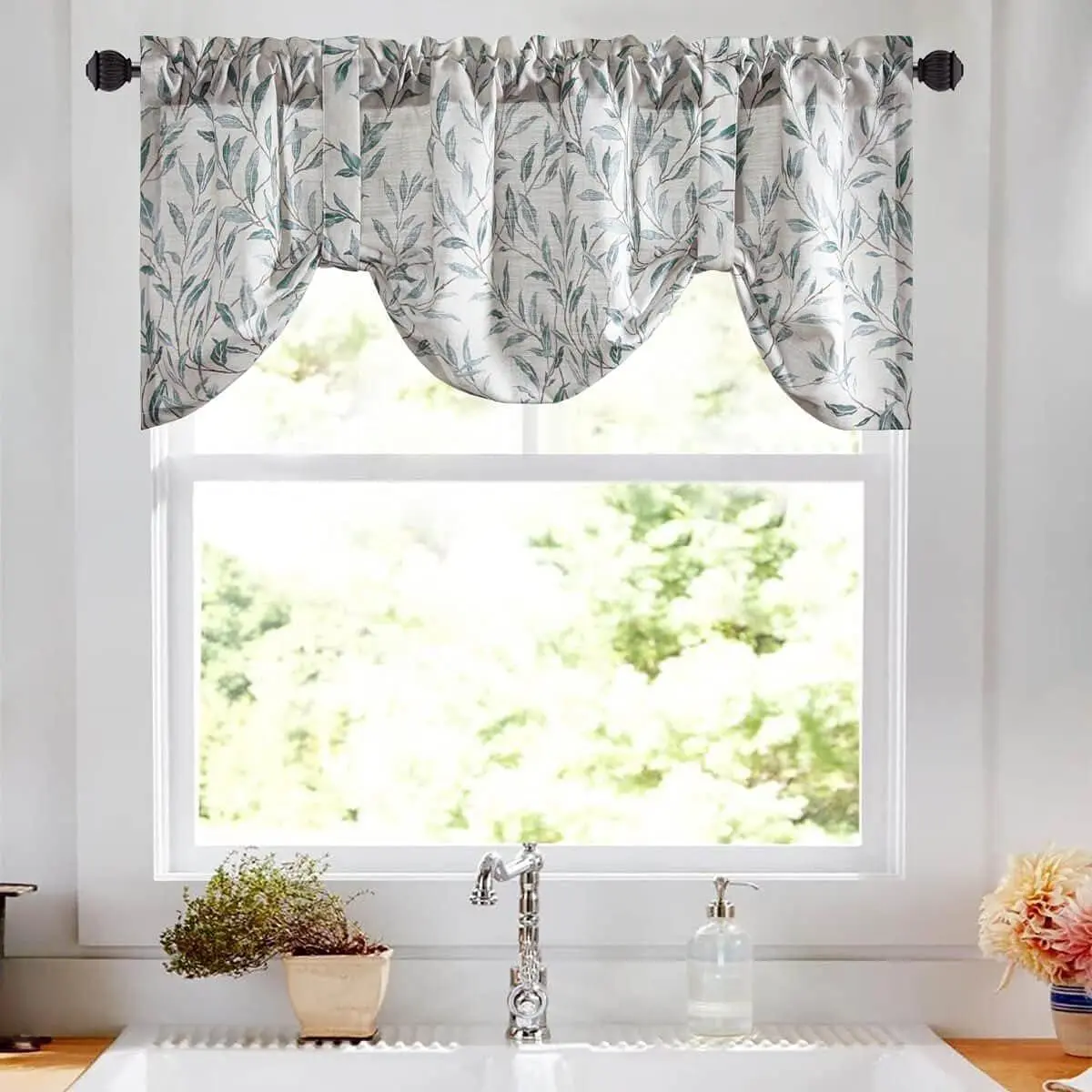VOGOL Tie-Up Valance, 52x18 in Linen Textured Fabric Easy Care Curtain, Blue Leaf Print Adjustable Balloon Shades with 2 Ties, Rod Pocket Easy Install Home Decoration Curtain for Kitchen, Cafe (1 Piece), Easy Install Curtain