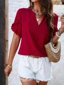 Women's Plain Ruffle Trim Petal Sleeve Notched Neck Blouse Shirts, Womenswear, Summer Clothes Women, Elegant Casual Fashion Top for Summer, Ladies Clothes for Daily Wear, Beach Tops