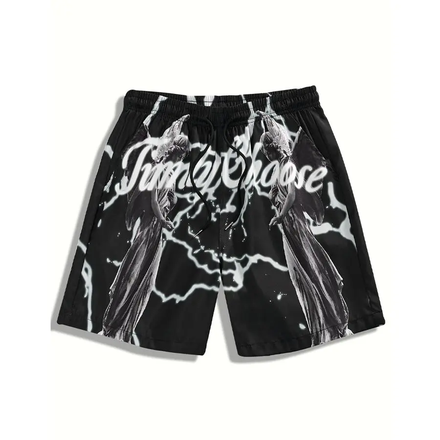 Men Vintage Angel Lightning Print Casual Shorts, Elastic Drawstring Waist Loose Streetwear Shorts, Lightweight Quick Dry Beach Board Shorts for Teen Boys & Young Men, 2 Color Hip Hop Summer Bottoms gym luxury performance quick-dry sport neutral-colored