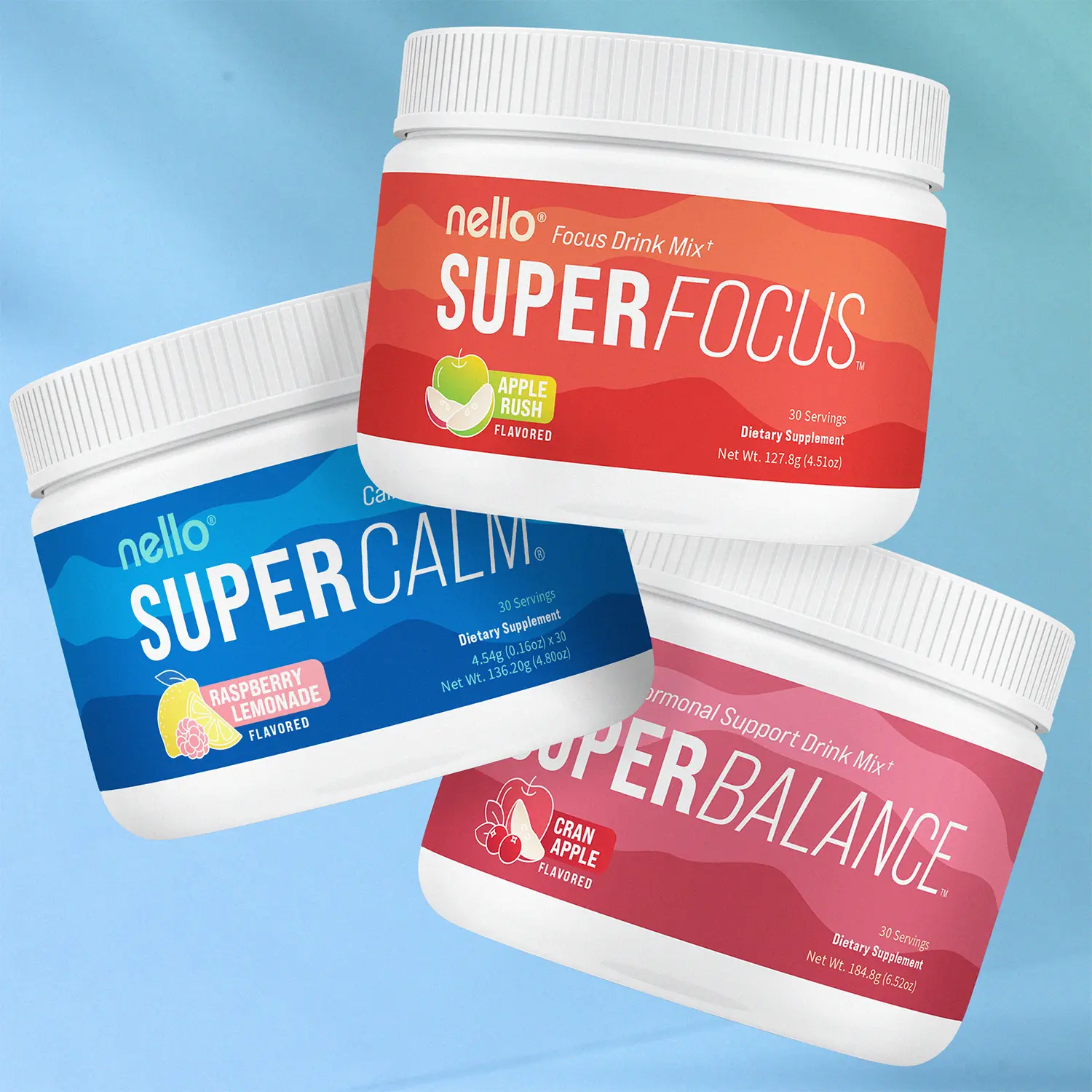 Nello Superbundle: 3 Pack Tub Bundle of Supercalm, Superbalance, & Superfocus : Emotional Wellness Support Drink Mix for Calm, Focus, & Hormone Support - 3 Tubs (30 Servings Each)