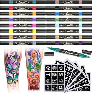 Temporary Tattoo Markers Kit, Dual-End 16 Colors with 80 Stencils for Body Art | Skin-Safe, Washable, Cosmetic-Grade | for Kids & Adults
