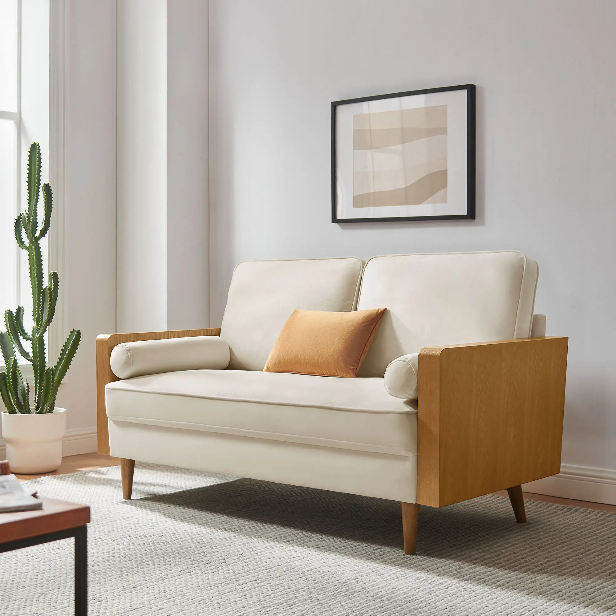 Kellan Performance Stain-Resist Velvet 2-Seat Loveseat Couch - Midcentury Modern Walnut Alabaster Finish Indoor Sofa Furniture, Assembly Required, Indoor Furniture