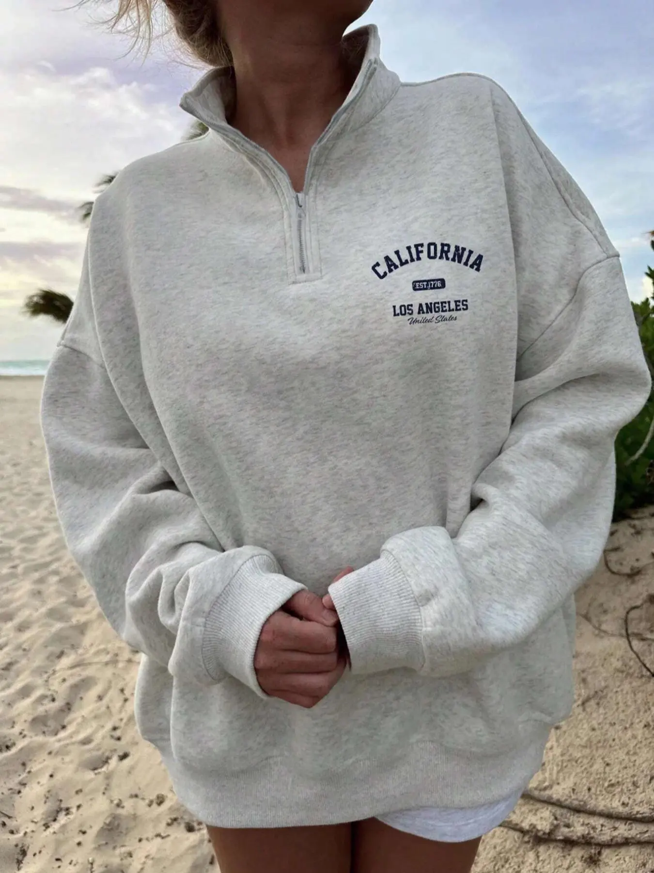 Women's Letter Print Drop Shoulder Polo Neck Thick Oversize Loose Baggy Oversized Cozy Sweatshirt, Casual Long Sleeve Zipper Pullover for Fall & Winter, Women's Clothes for Daily Wear, Womenswear