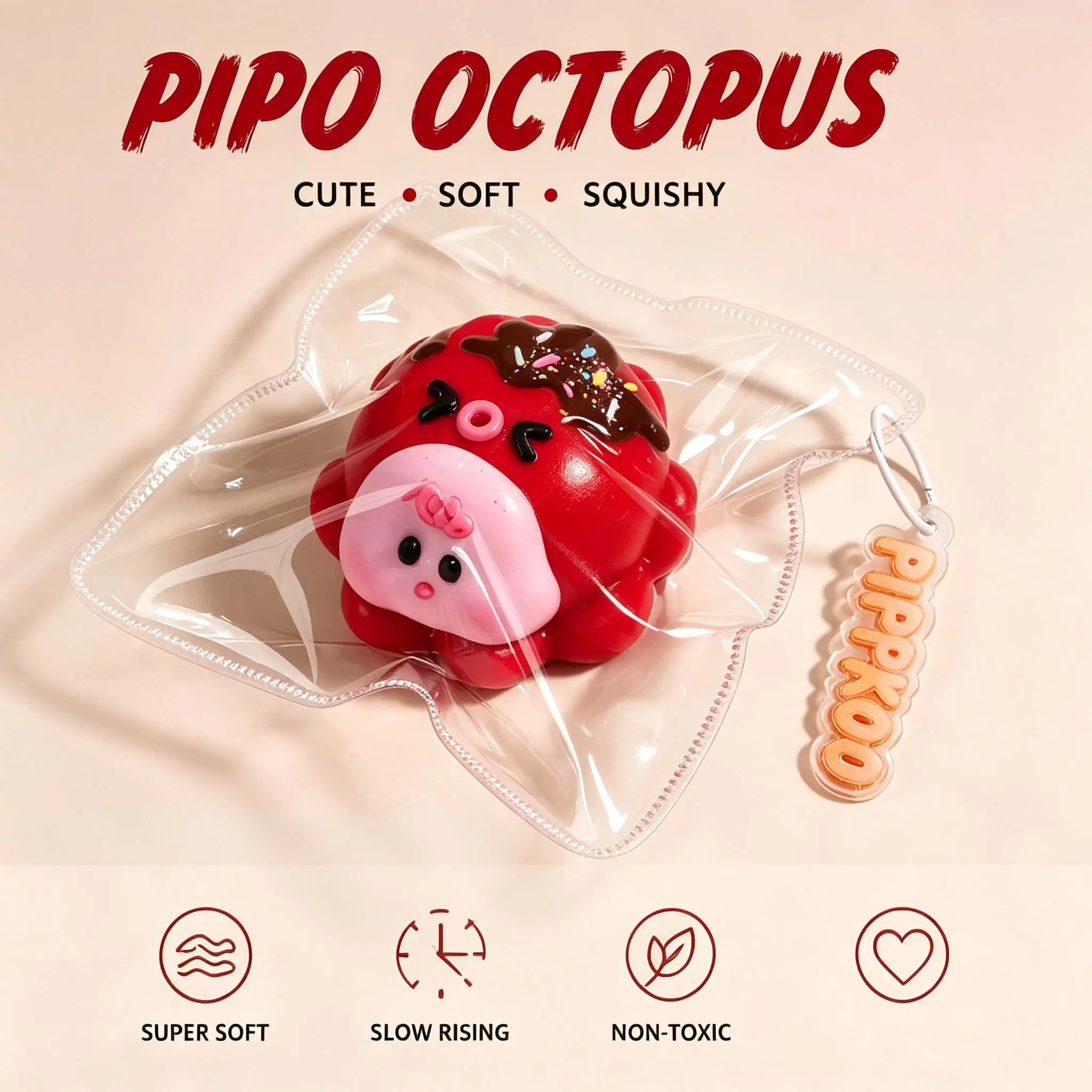 Pipo Octopus Squishy Toy, Cute Octopus Squeeze Toy, Soft Slow Rising Fidget Toy, Kawaii Stress Relief Sensory Toy, Fun Gift for Kids & Adults