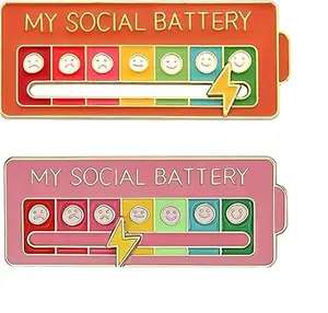 2-Pack Social Battery Slider Pins – Funny Interactive Mood Enamel Pin Set, Cute Introvert Energy Badge for Backpacks, Bags, Hats & Clothing Gifts